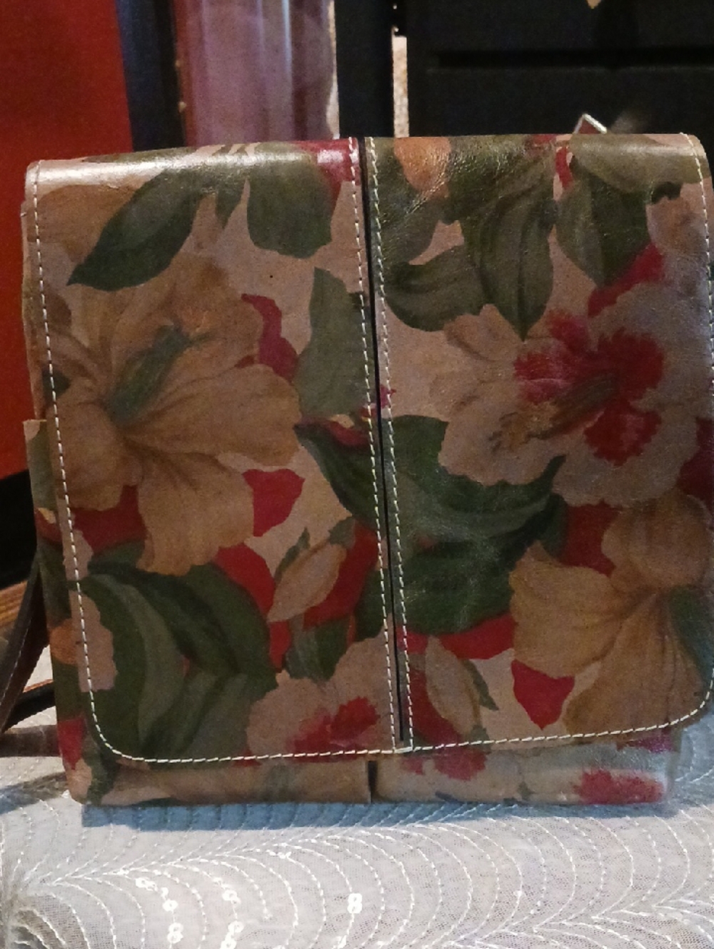 Patricia Nash Floral Crossbody Bag in Green, Red, Cream